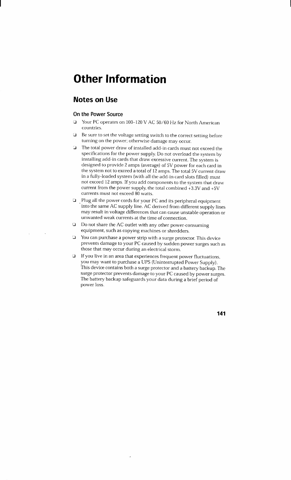 Other information, Notes on use, On the power source | Sony PCV-230 User Manual | Page 149 / 164