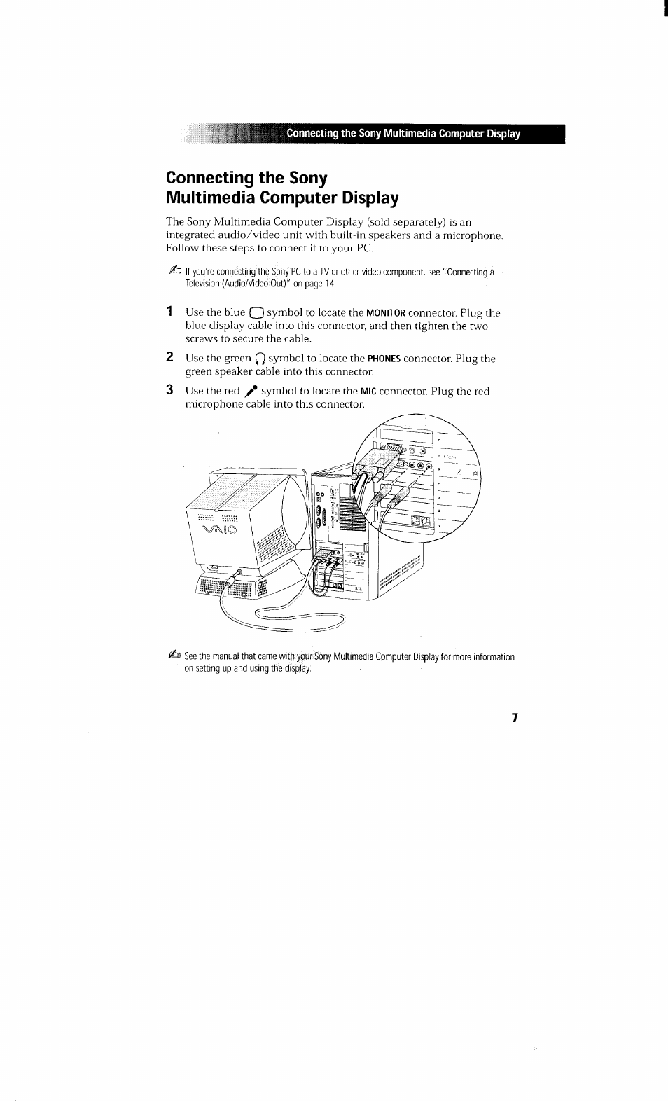 Connecting the sony multimedia computer display | Sony PCV-230 User Manual | Page 15 / 164