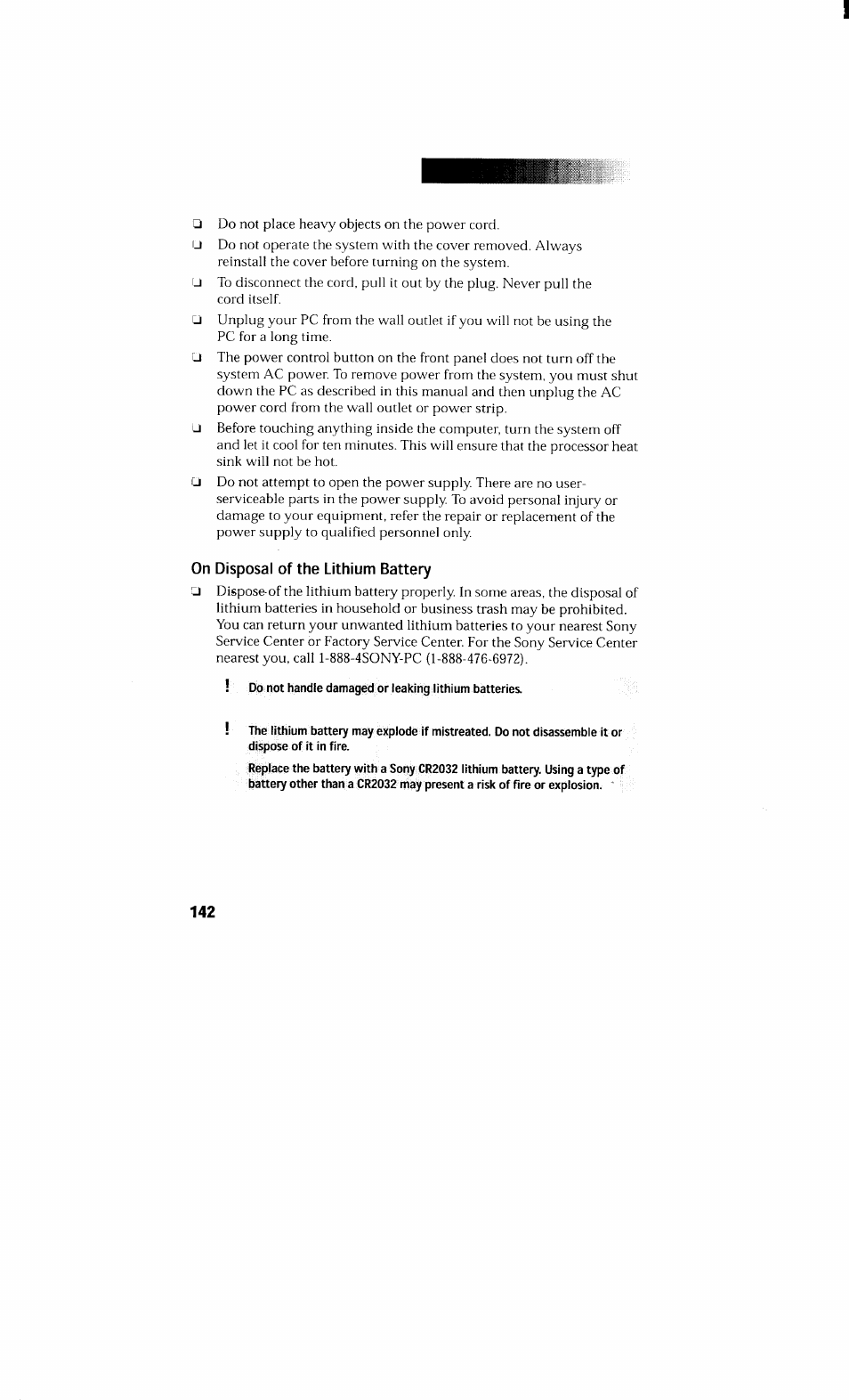 On disposal of the lithium battery, Do not handle damaged or leaking lithium batteries | Sony PCV-230 User Manual | Page 150 / 164