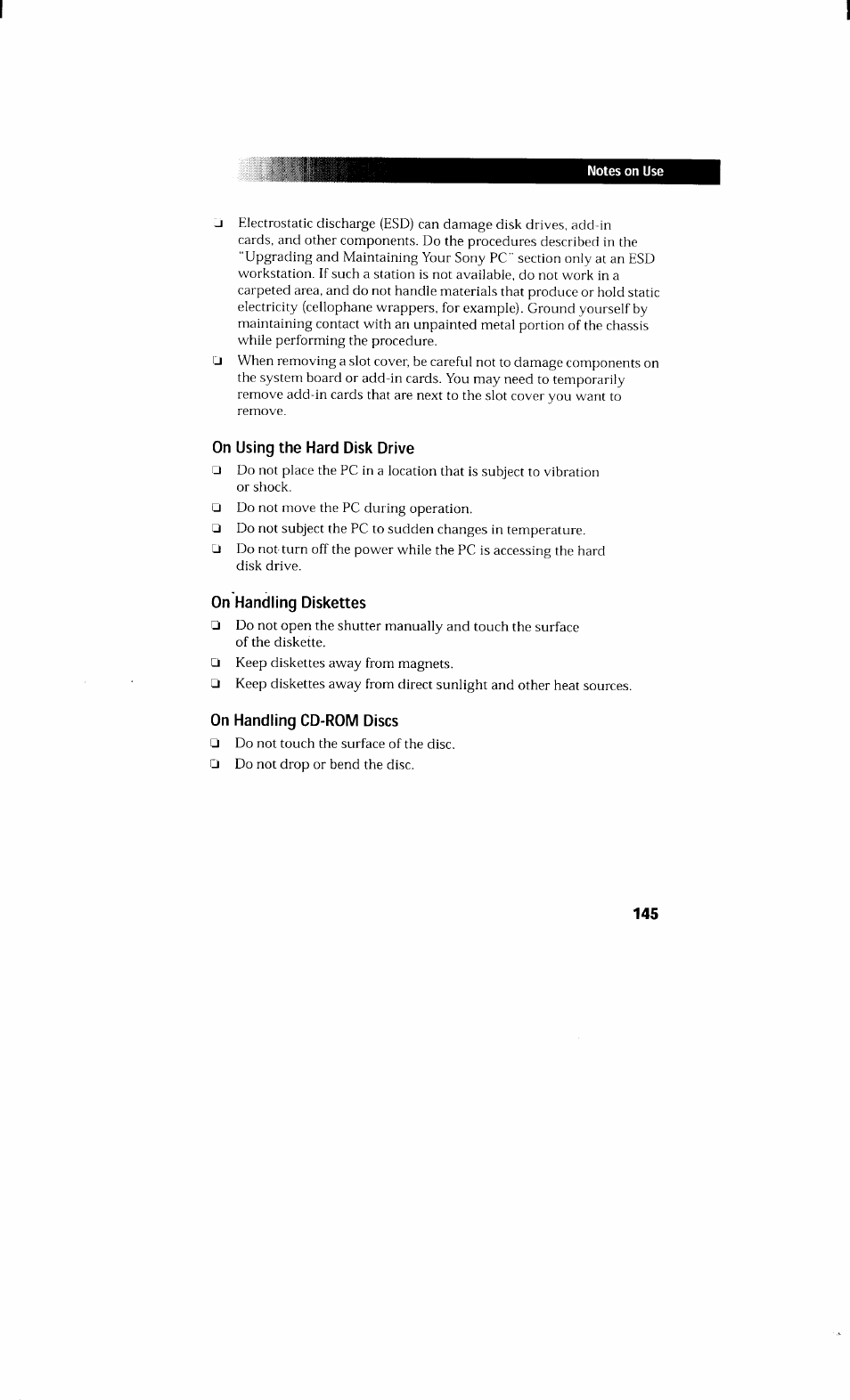 On using the hard disk drive, On handling diskettes, On handling cd-rom discs | Using the diskette drive, On handling diskettes on handling cd-rom discs | Sony PCV-230 User Manual | Page 153 / 164