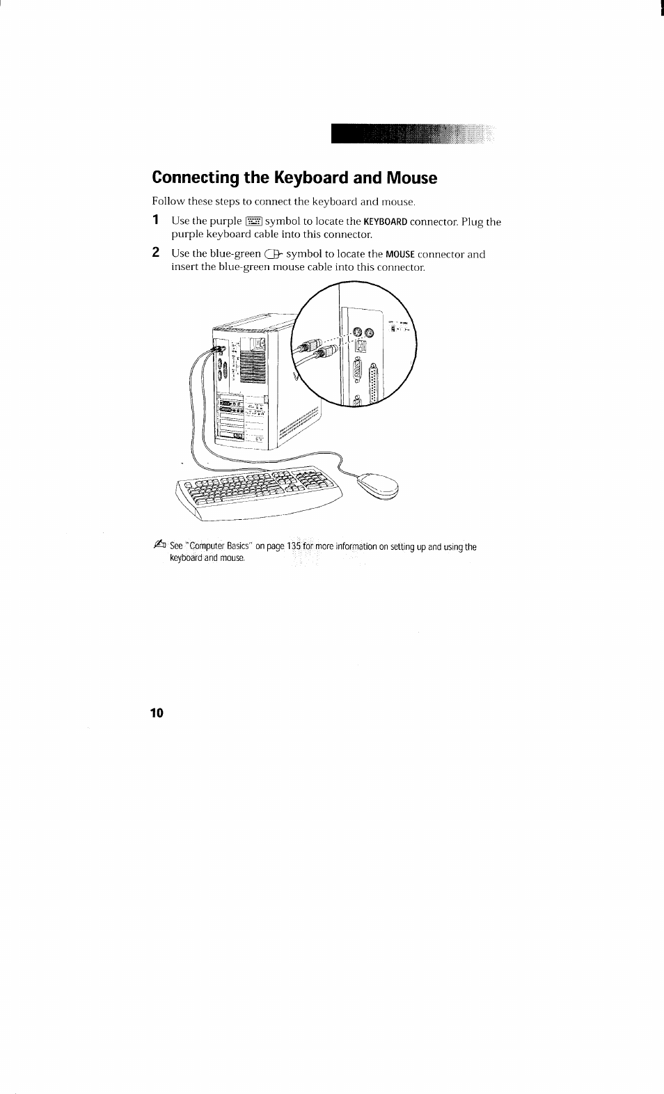 Connecting the keyboard and mouse | Sony PCV-230 User Manual | Page 18 / 164