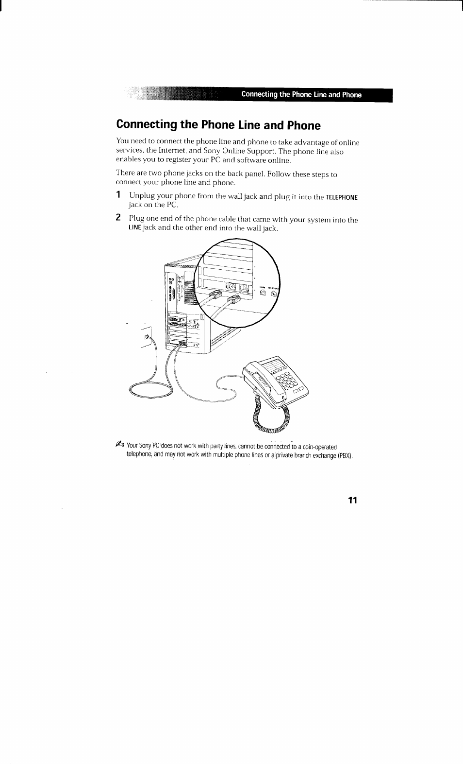 Connecting the phone line and phone | Sony PCV-230 User Manual | Page 19 / 164