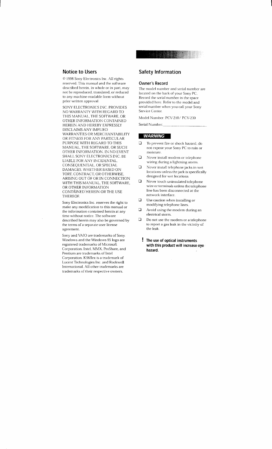 Notice to users, Safety information, Owner’s record | Warning | Sony PCV-230 User Manual | Page 2 / 164