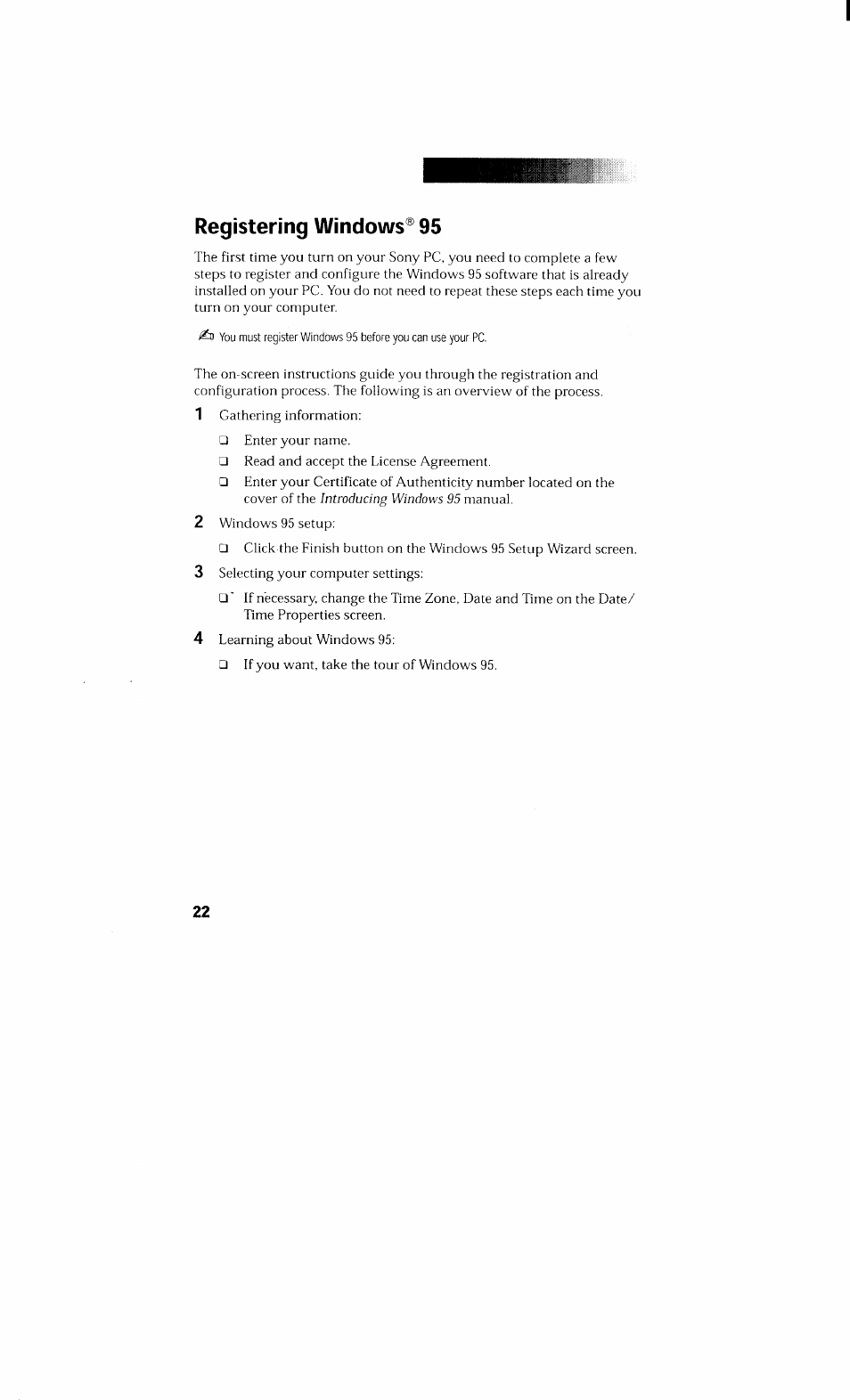 Registering windows® 95 | Sony PCV-230 User Manual | Page 30 / 164