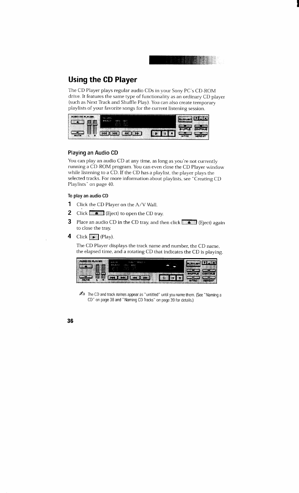 Using the cd player, Playing an audio cd | Sony PCV-230 User Manual | Page 44 / 164