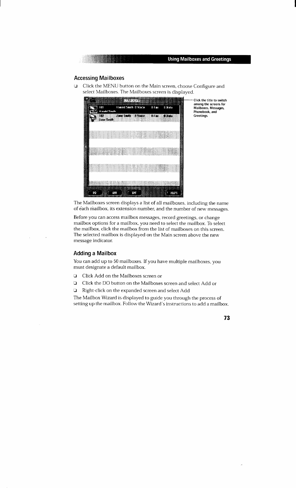 Accessing mailboxes, Adding a mailbox, Accessing mailboxes adding a mailbox | Sony PCV-230 User Manual | Page 81 / 164