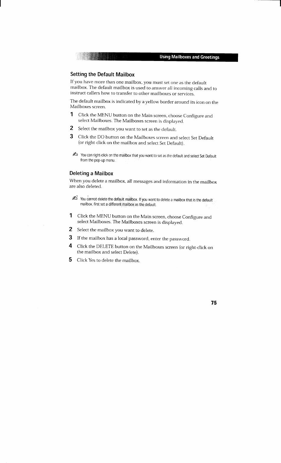 Setting the default mailbox, Deleting a mailbox, Setting the default mailbox deleting a mailbox | Sony PCV-230 User Manual | Page 83 / 164