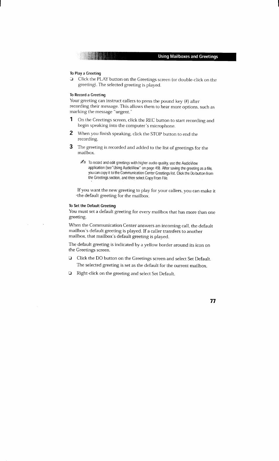 To play a greeting, To record a greeting, To set the default greeting | Sony PCV-230 User Manual | Page 85 / 164