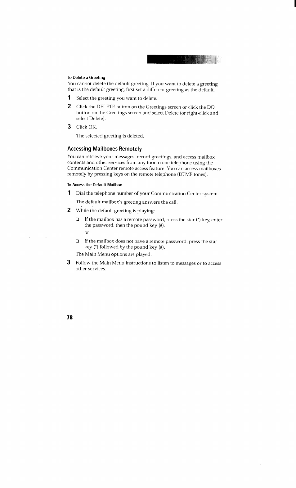 To delete a greeting, Accessing mailboxes remotely, To access the default mailbox | Sony PCV-230 User Manual | Page 86 / 164