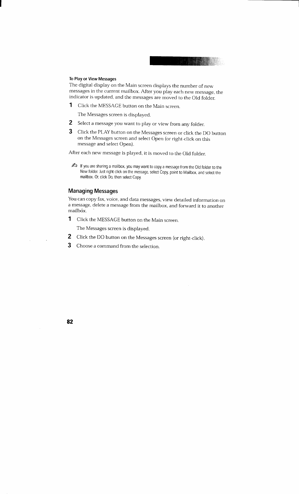 To play or view messages, Managing messages | Sony PCV-230 User Manual | Page 90 / 164