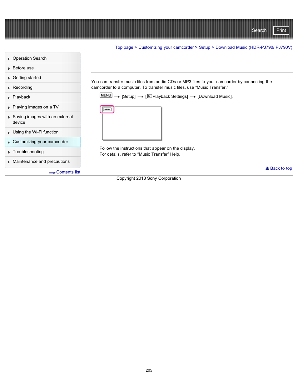 Download music (hdr-pj790/ pj790v), Handycam" user guide | Sony HDR-PJ790V User Manual | Page 214 / 287