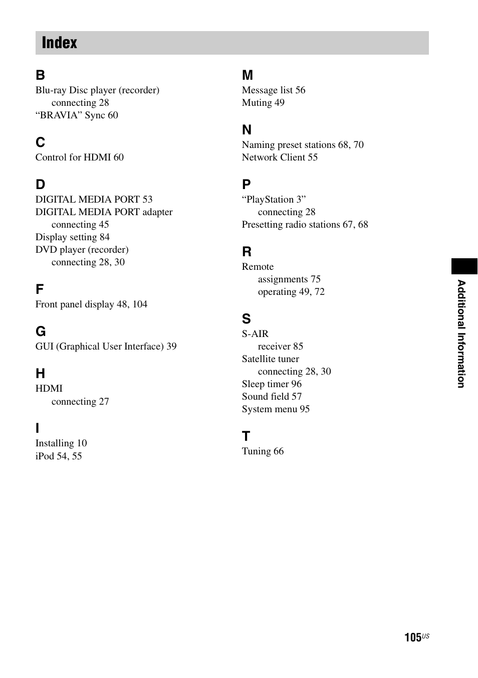 Index | Sony HT-CT500 User Manual | Page 105 / 340