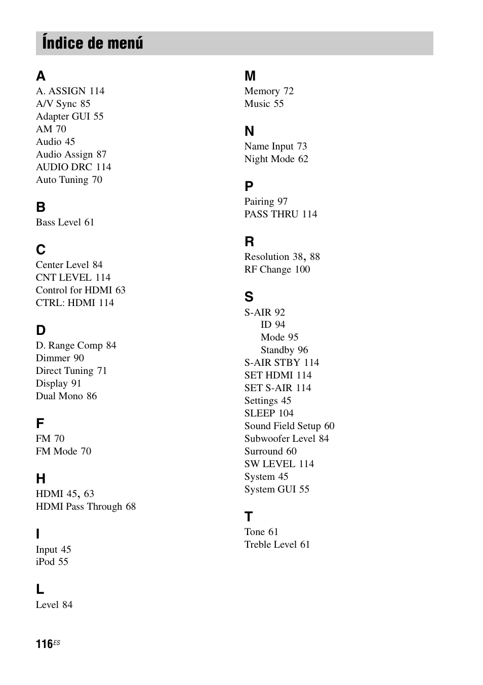 Índice de menú | Sony HT-CT500 User Manual | Page 336 / 340
