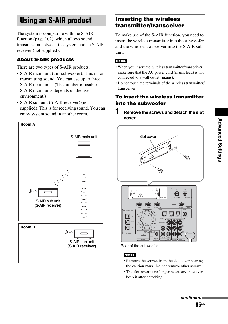 Using an s-air product, Inserting the wireless transmitter/transceiver, Ad v a nce d se ttings | About s-air products, Remove the screws and detach the slot cover, Continued, Slot cover rear of the subwoofer | Sony HT-CT500 User Manual | Page 85 / 340