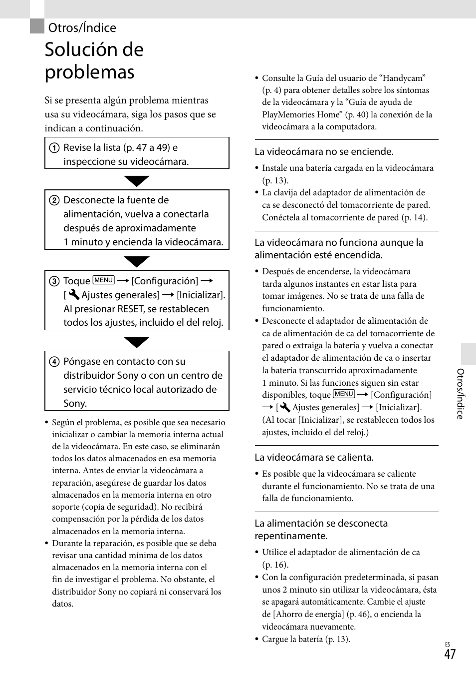Otros/índice, Solución de problemas | Sony HDR-GW77V User Manual | Page 111 / 199