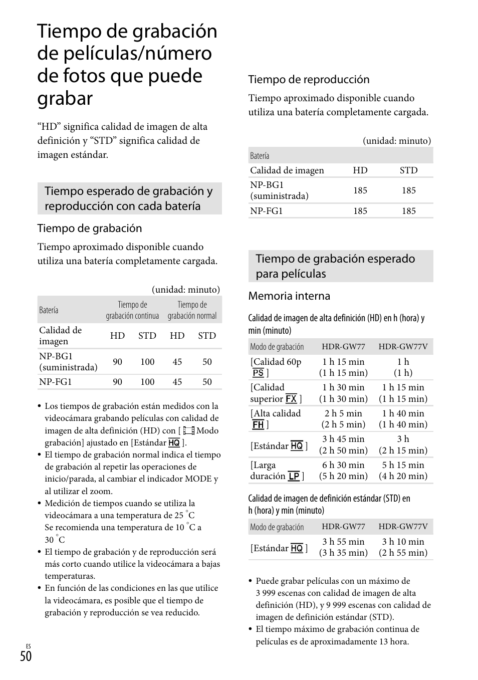 Tiempo de grabación esperado para películas, 50). e, Tiempo de grabación | Tiempo de reproducción | Sony HDR-GW77V User Manual | Page 114 / 199