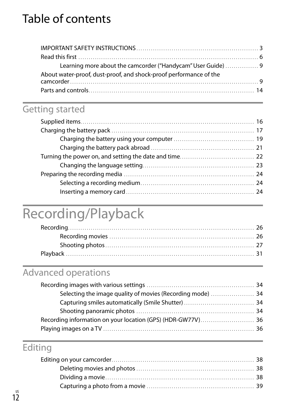 Sony HDR-GW77V User Manual | Page 12 / 199