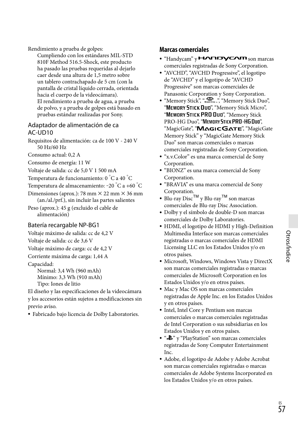 Marcas comerciales, Adaptador de alimentación de ca ac-ud10, Batería recargable np-bg1 | Sony HDR-GW77V User Manual | Page 121 / 199