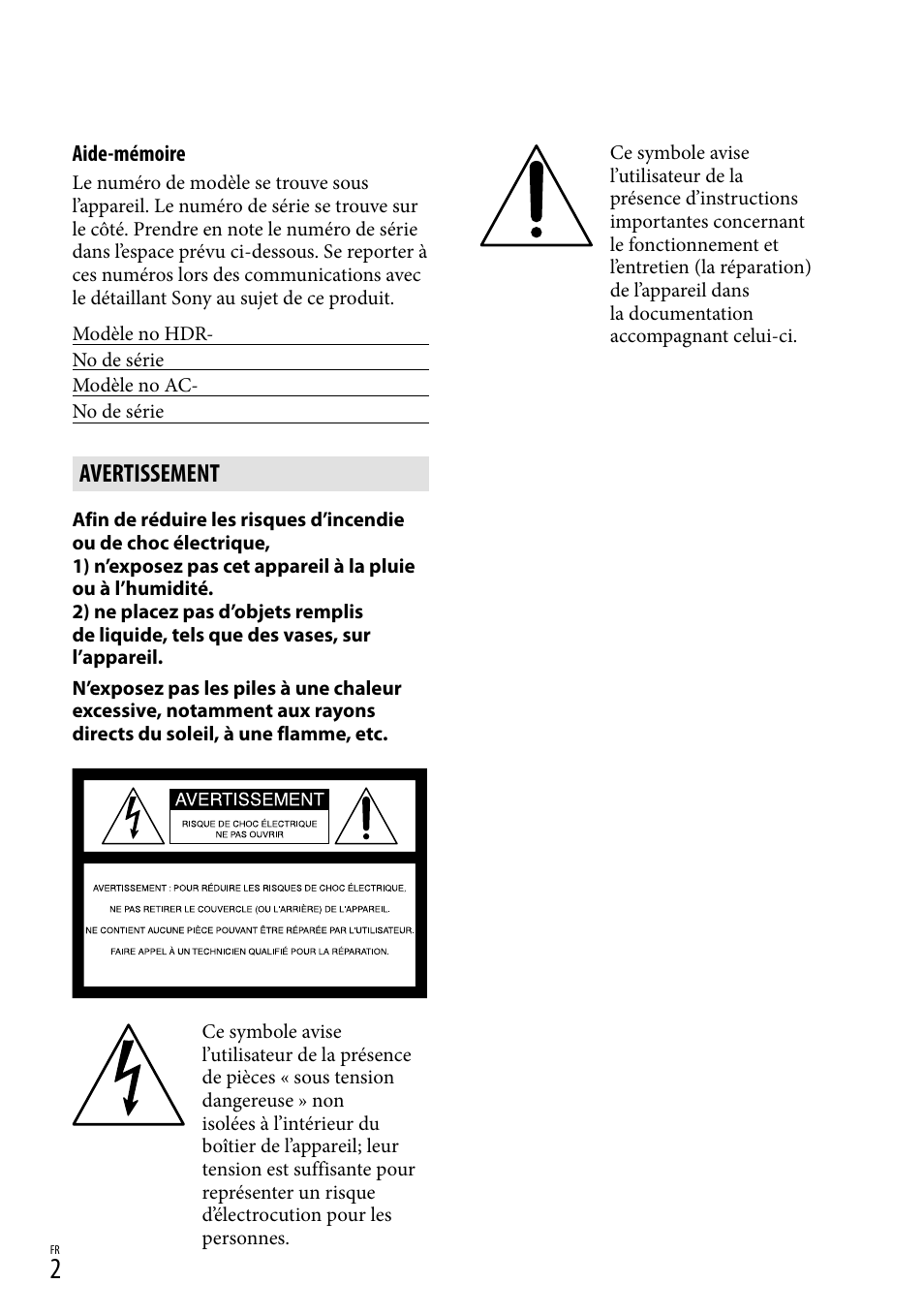Avertissement | Sony HDR-GW77V User Manual | Page 130 / 199