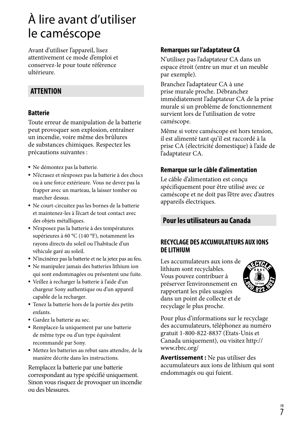 À lire avant d’utiliser le caméscope, Attention, Pour les utilisateurs au canada | Sony HDR-GW77V User Manual | Page 135 / 199