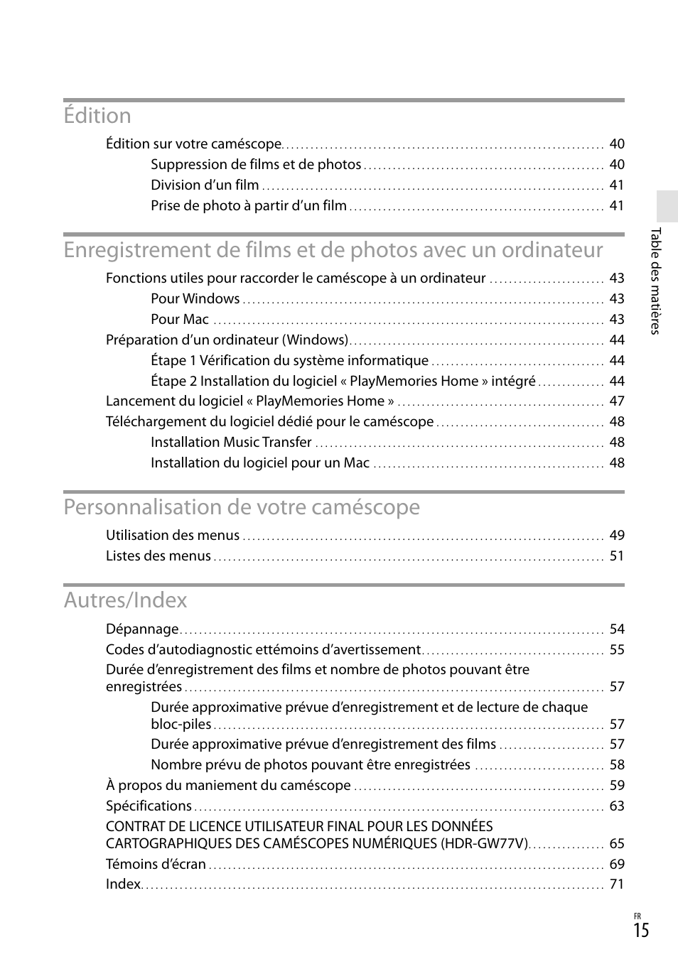 Édition, Personnalisation de votre caméscope, Autres/index | Sony HDR-GW77V User Manual | Page 143 / 199
