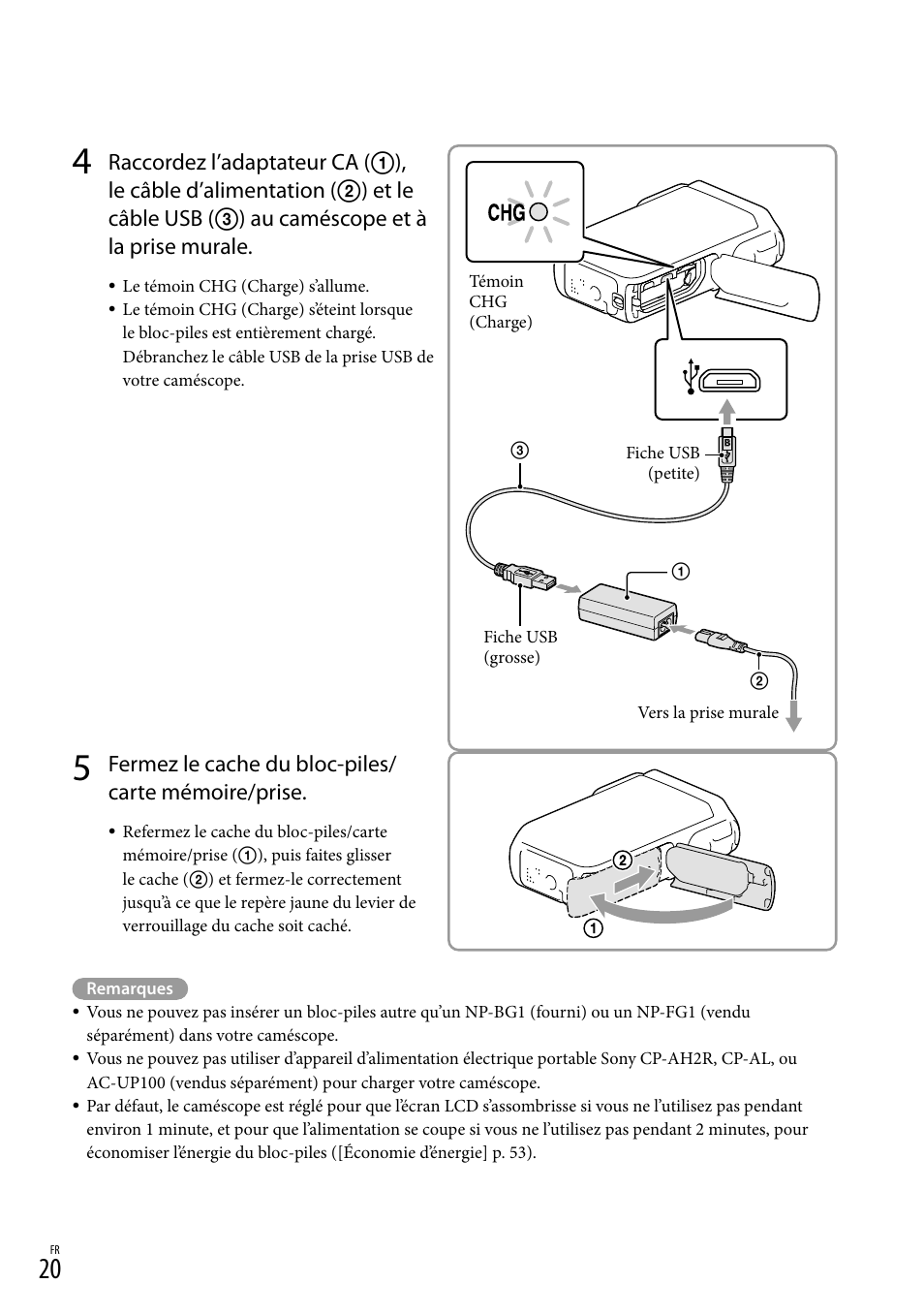 Ge) (20), Usb) (20, 44), Fermez le cache du bloc-piles/ carte mémoire/prise | Sony HDR-GW77V User Manual | Page 148 / 199