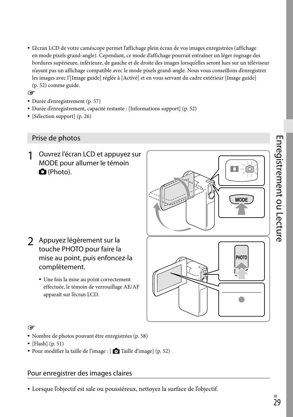 Prise de photos, O (29), Enr eg istr emen t ou l ec tur e | Sony HDR-GW77V User Manual | Page 157 / 199