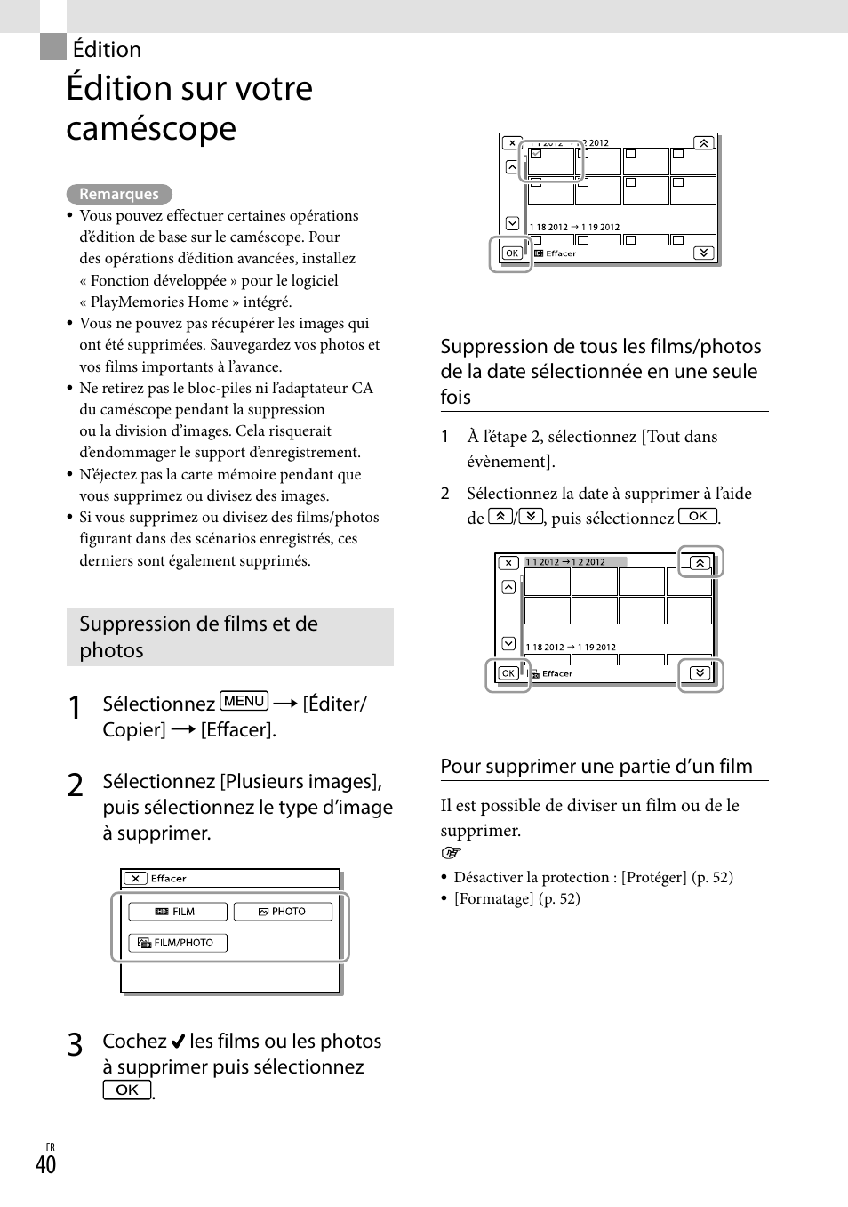 Édition, Édition sur votre caméscope, Suppression de films et de photos | Sony HDR-GW77V User Manual | Page 168 / 199