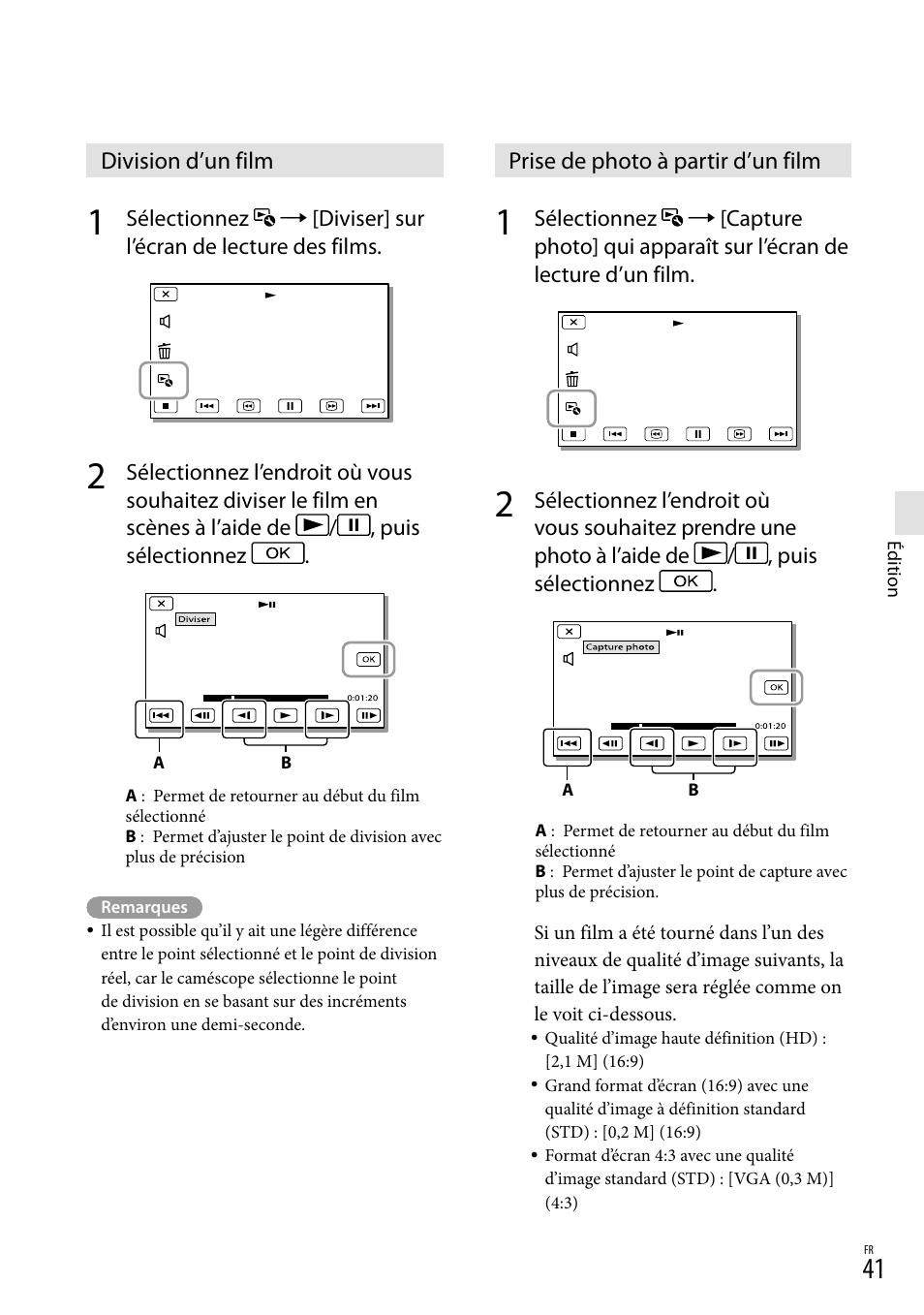Division d’un film, Prise de photo à partir d’un film | Sony HDR-GW77V User Manual | Page 169 / 199