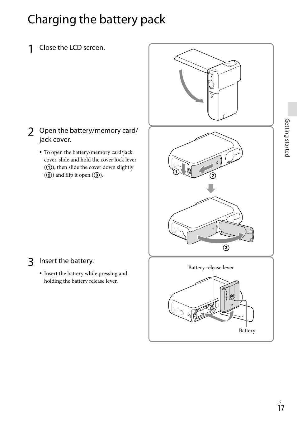 Charging the battery pack, Er (17), Y slot (17) | Sony HDR-GW77V User Manual | Page 17 / 199