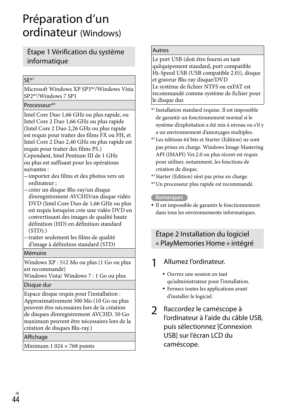 Préparation d’un ordinateur (windows), Étape 1 vérification du système informatique, Préparation d’un ordinateur | Windows), Allumez l’ordinateur | Sony HDR-GW77V User Manual | Page 172 / 199