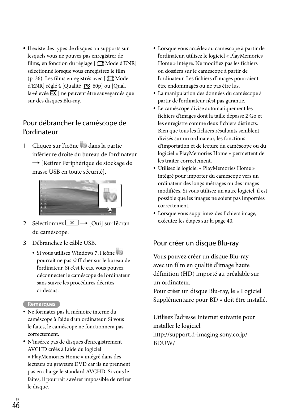 Pour débrancher le caméscope de l’ordinateur, Pour créer un disque blu-ray | Sony HDR-GW77V User Manual | Page 174 / 199