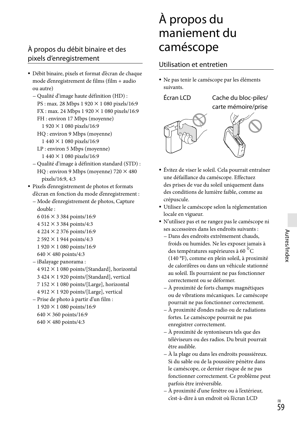 À propos du maniement du caméscope, Utilisation et entretien | Sony HDR-GW77V User Manual | Page 187 / 199
