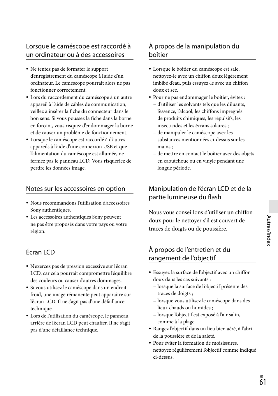 Écran lcd, À propos de la manipulation du boîtier | Sony HDR-GW77V User Manual | Page 189 / 199