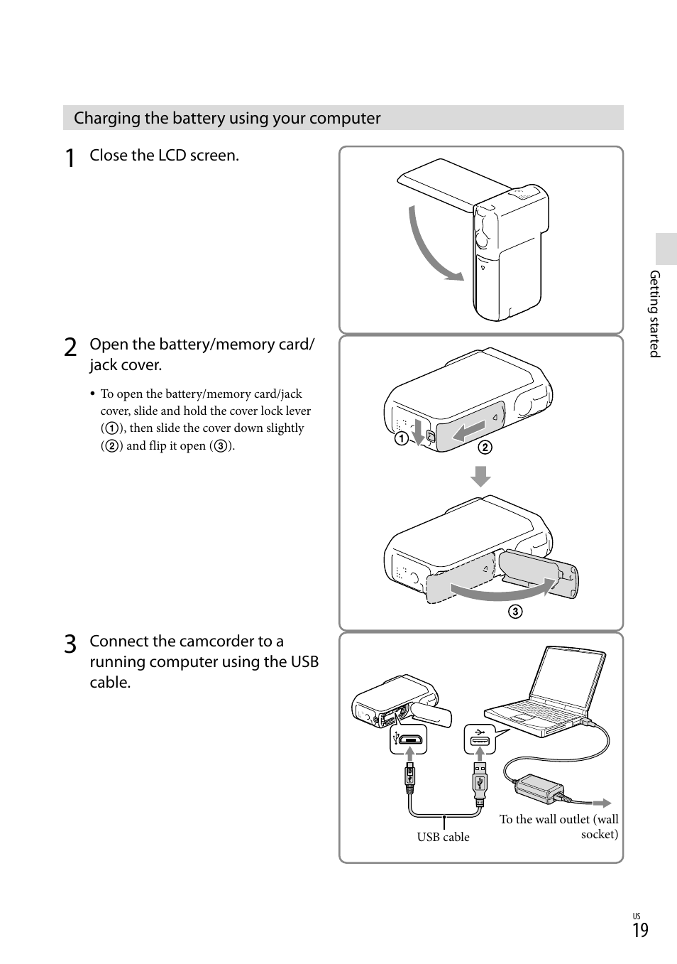 Charging the battery using your computer | Sony HDR-GW77V User Manual | Page 19 / 199