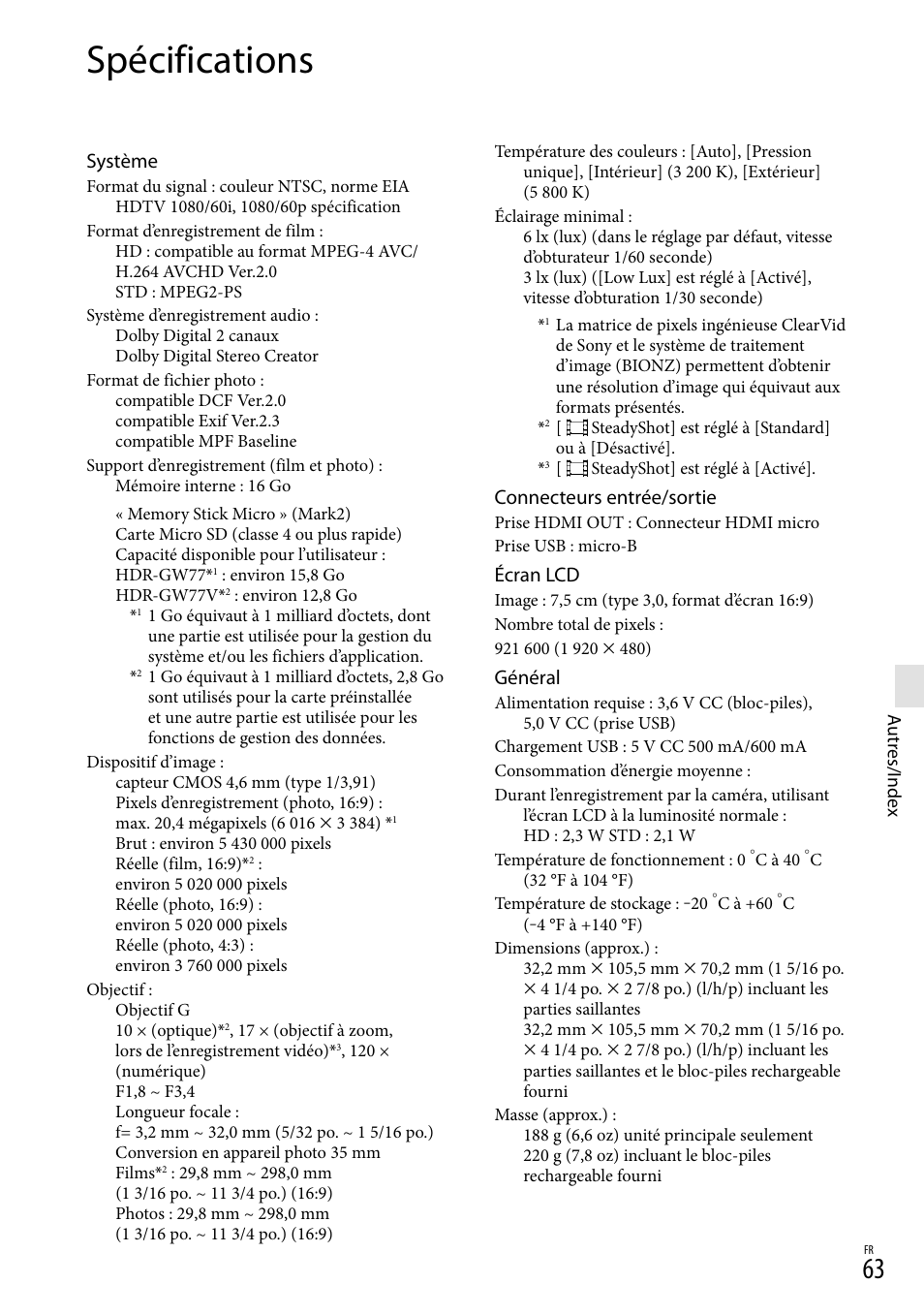 Spécifications, Système, Connecteurs entrée/sortie | Écran lcd, Général | Sony HDR-GW77V User Manual | Page 191 / 199
