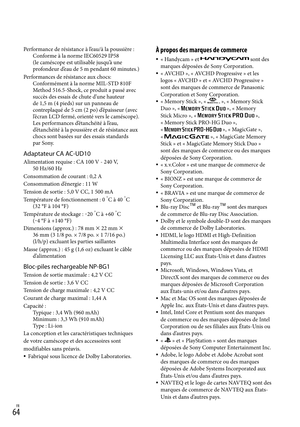 À propos des marques de commerce, Adaptateur ca ac-ud10, Bloc-piles rechargeable np-bg1 | Sony HDR-GW77V User Manual | Page 192 / 199