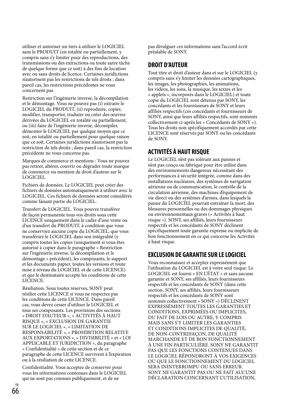 Droit d’auteur, Activités à haut risque, Exclusion de garantie sur le logiciel | Sony HDR-GW77V User Manual | Page 194 / 199