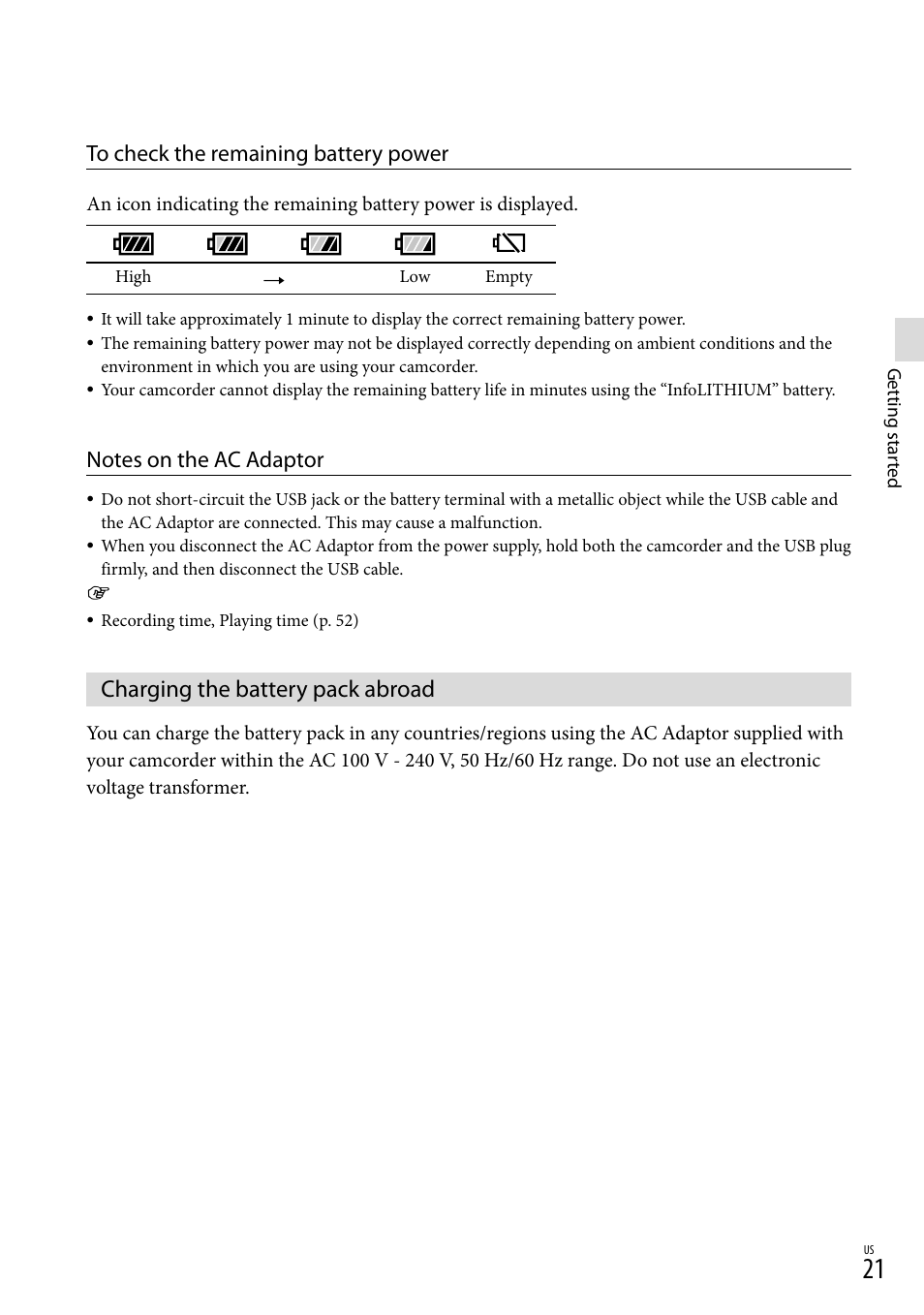 Charging the battery pack abroad | Sony HDR-GW77V User Manual | Page 21 / 199