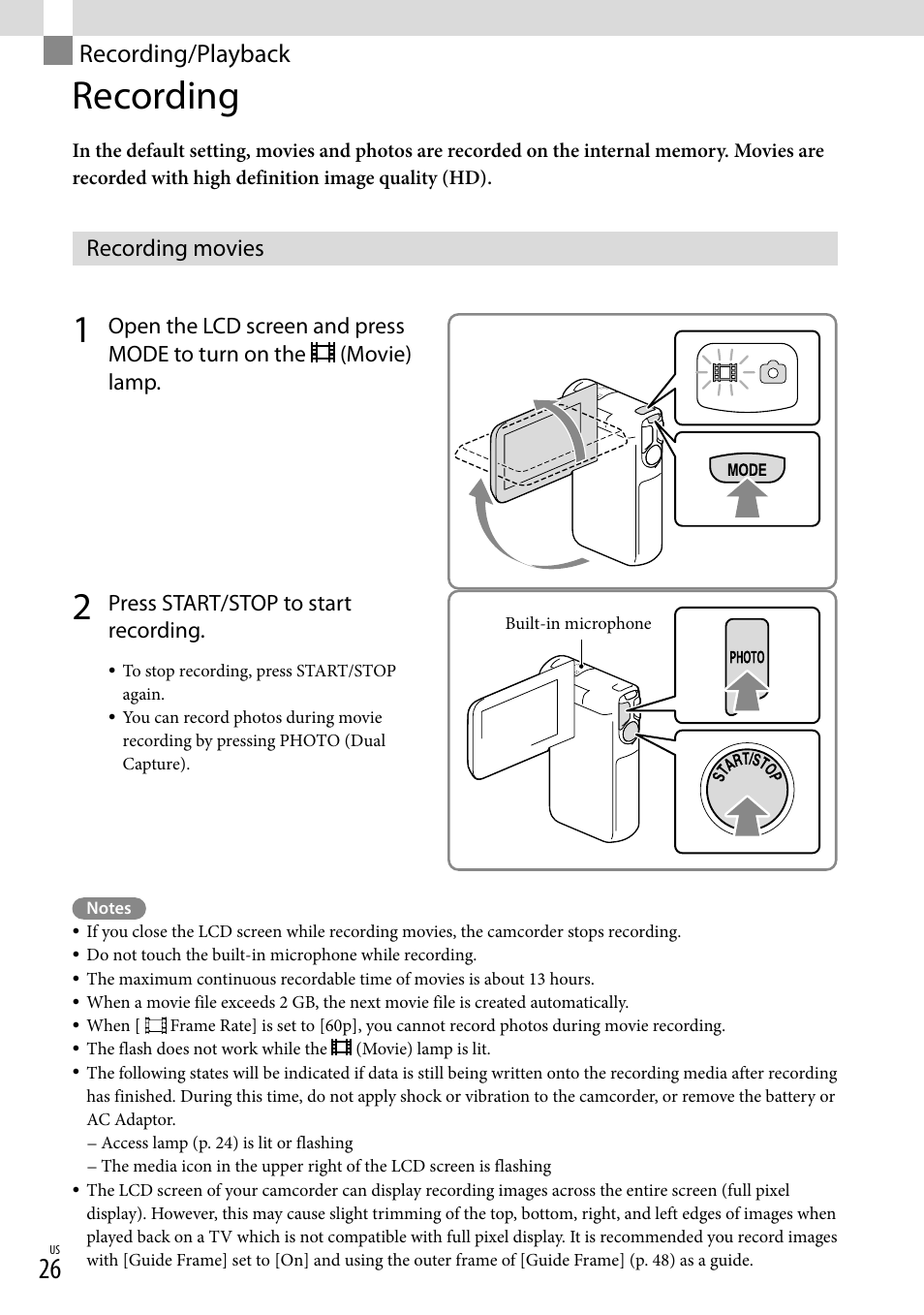 Recording/playback, Recording, Recording movies | 26, 27) o, On (26, 27), On (26), Lamp (26, 27) | Sony HDR-GW77V User Manual | Page 26 / 199