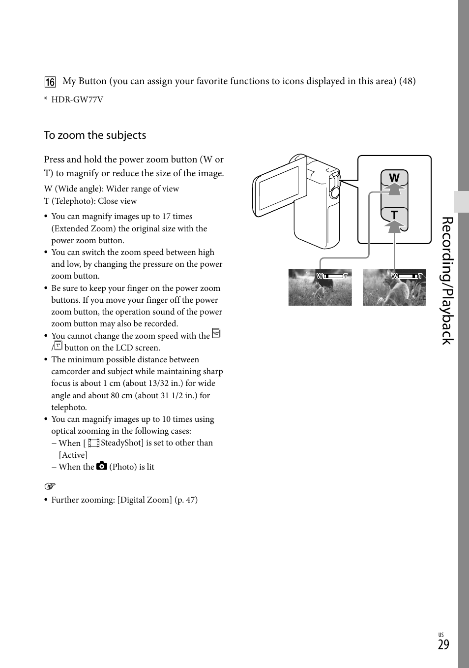 On (29), Rec or ding/p la yback | Sony HDR-GW77V User Manual | Page 29 / 199