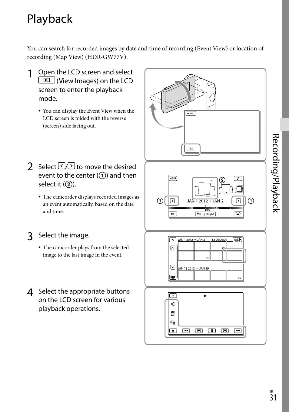 Playback, N (31), Rec or ding/p la yback | Sony HDR-GW77V User Manual | Page 31 / 199