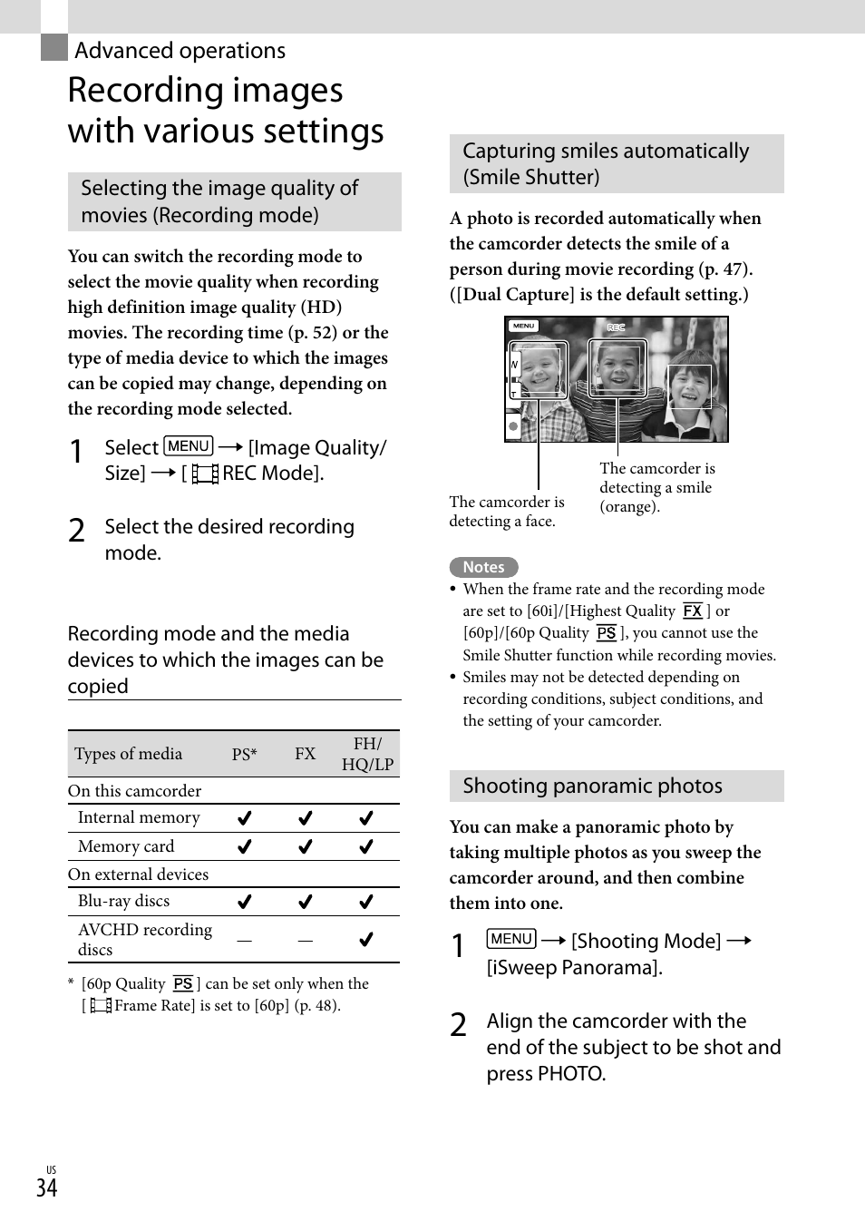 Advanced operations, Recording images with various settings, Capturing smiles automatically (smile shutter) | Shooting panoramic photos, Q/lp) (34) | Sony HDR-GW77V User Manual | Page 34 / 199