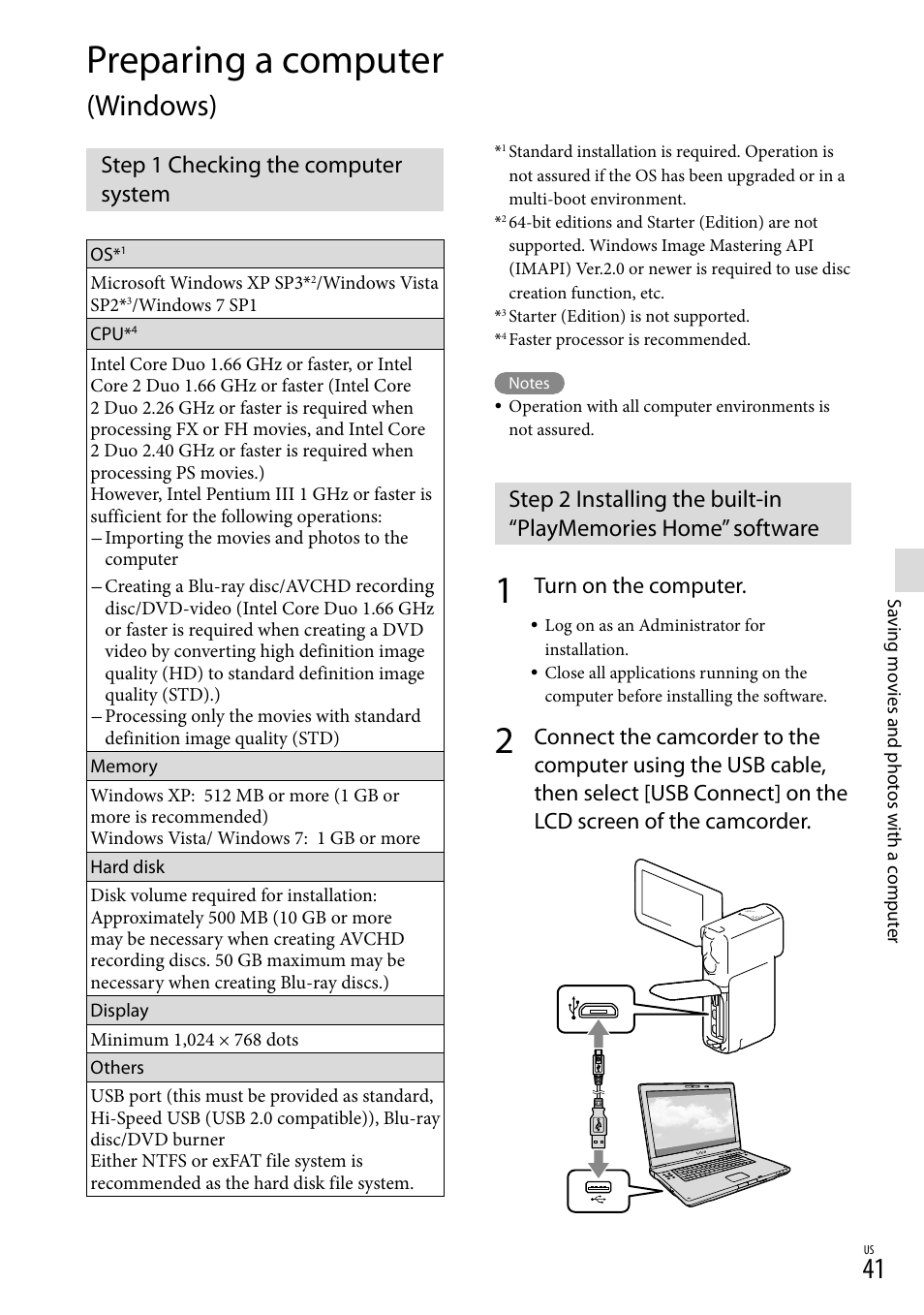 Preparing a computer (windows), Step 1 checking the computer system, Preparing a computer | Windows), Turn on the computer | Sony HDR-GW77V User Manual | Page 41 / 199