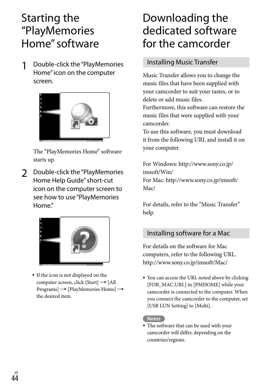 Starting the “playmemories home” software, Installing music transfer, Installing software for a mac | Sony HDR-GW77V User Manual | Page 44 / 199