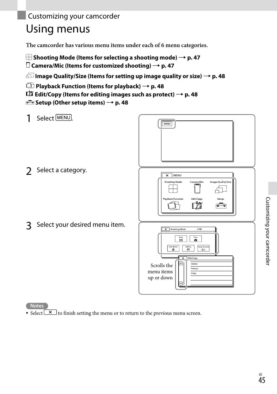Customizing your camcorder, Using menus, N (45) | Sony HDR-GW77V User Manual | Page 45 / 199