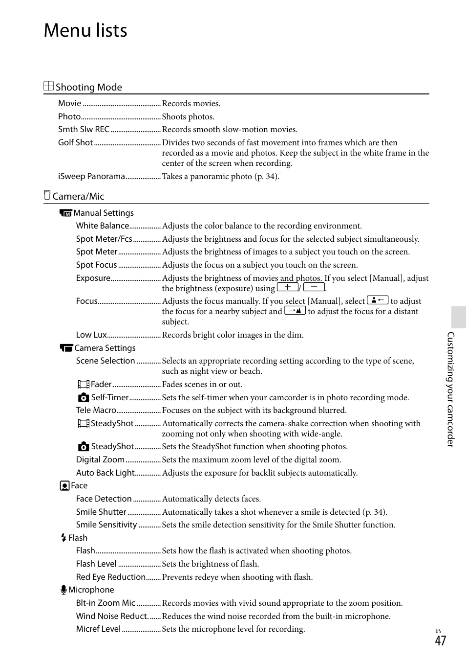 Menu lists | Sony HDR-GW77V User Manual | Page 47 / 199