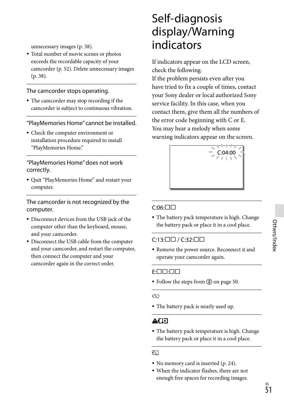 Self-diagnosis display/warning indicators | Sony HDR-GW77V User Manual | Page 51 / 199