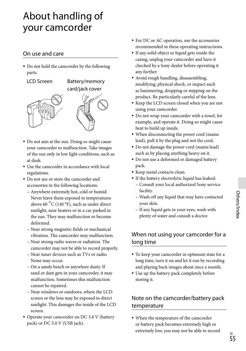 About handling of your camcorder, On use and care, When not using your camcorder for a long time | Sony HDR-GW77V User Manual | Page 55 / 199