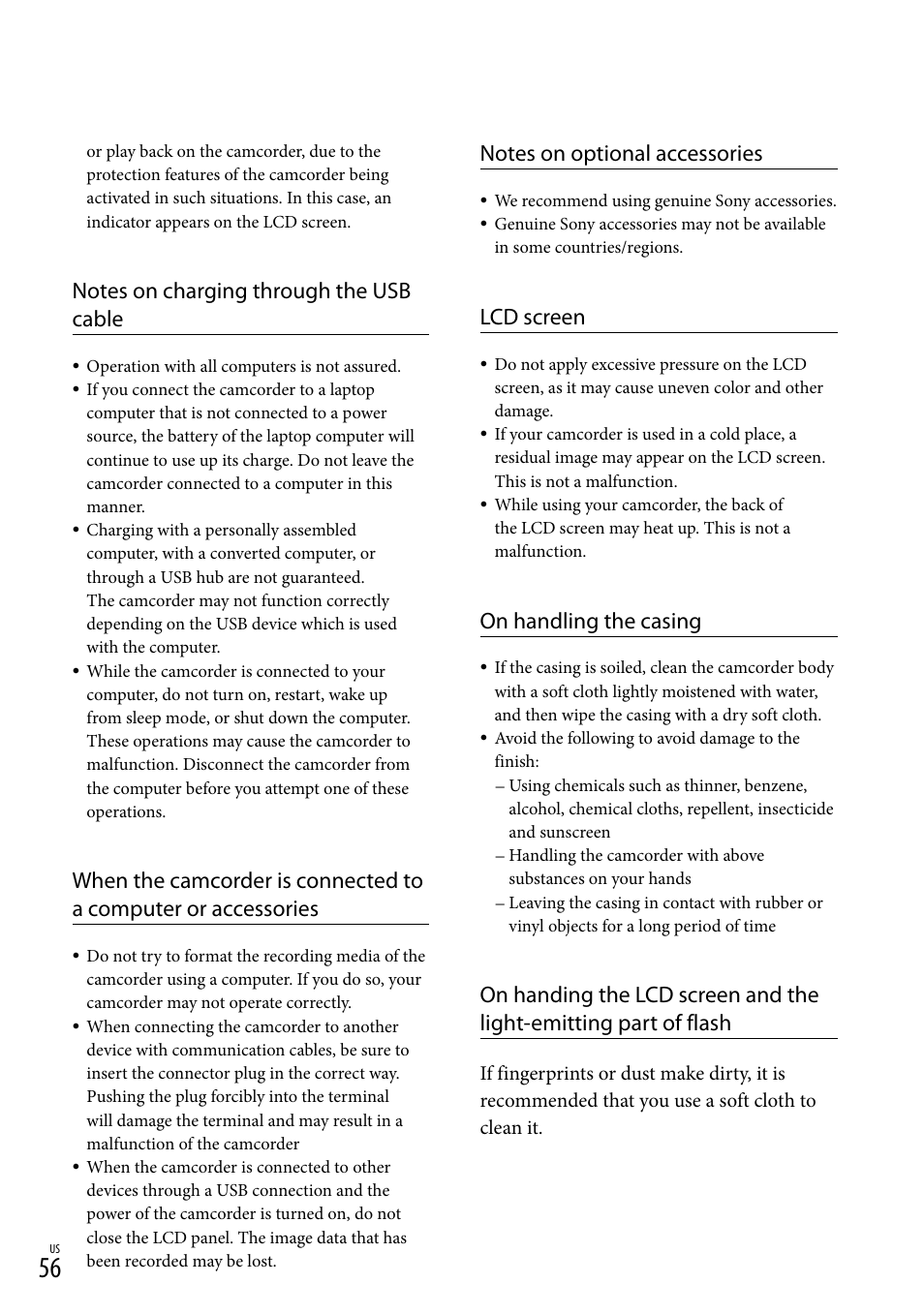 Lcd screen, On handling the casing | Sony HDR-GW77V User Manual | Page 56 / 199